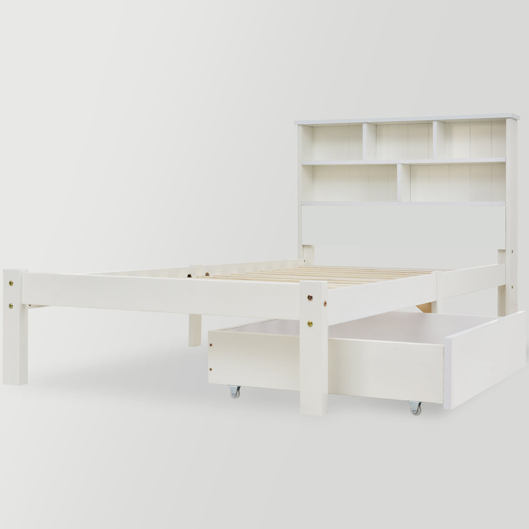 White wooden storage single bed with shelves and underbed drawer 90x190cm HEARTWOOD UK