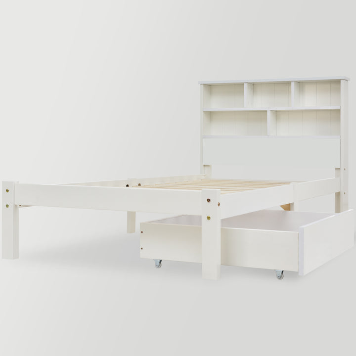 White wooden storage single bed with shelves and underbed drawer 90x190cm HEARTWOOD UK