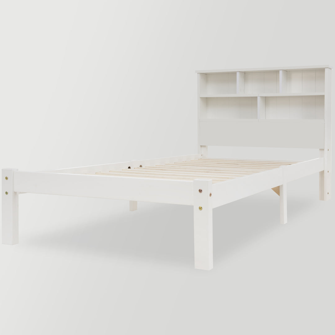 White wooden storage single bed with shelves and underbed drawer 90x190cm HEARTWOOD UK