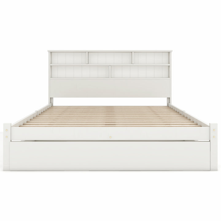 White wooden storage double bed with shelves and underbed drawer 135x190cm FIELDLINE UK