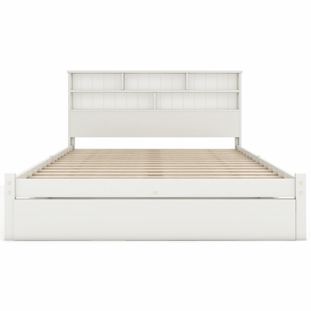 White wooden storage double bed with shelves and underbed drawer 135x190cm FIELDLINE UK