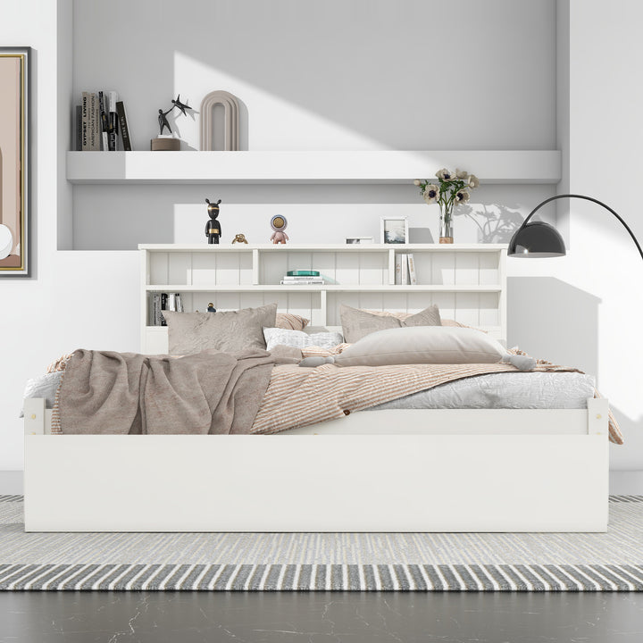 White wooden storage double bed with shelves and underbed drawer 135x190cm FIELDLINE UK