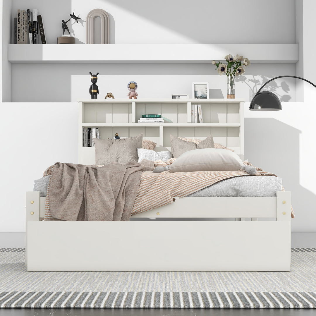 White wooden storage single bed with shelves and underbed drawer 90x190cm HEARTWOOD UK