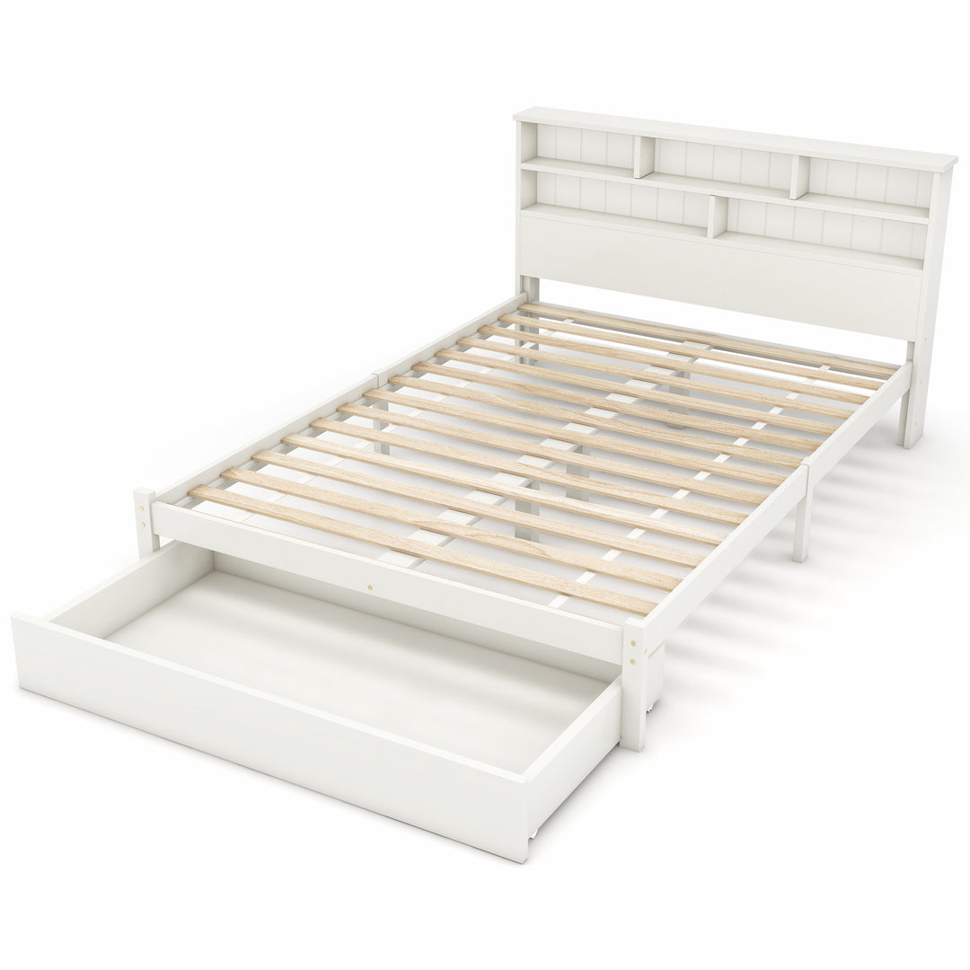 White wooden storage double bed with shelves and underbed drawer 135x190cm FIELDLINE UK