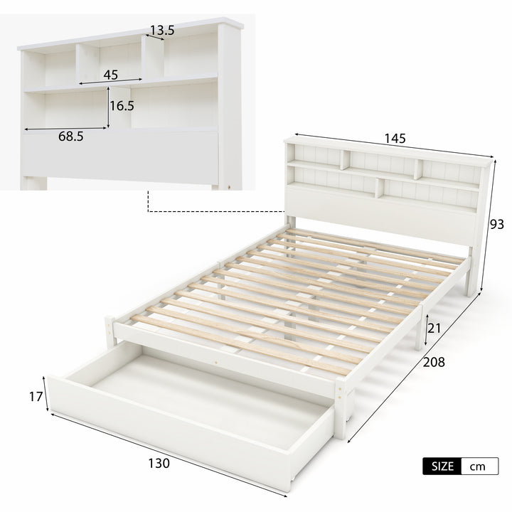 White wooden storage double bed with shelves and underbed drawer 135x190cm FIELDLINE UK