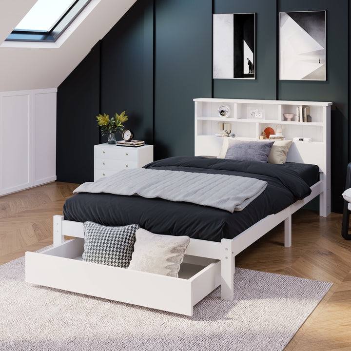White wooden storage single bed with shelves and underbed drawer 90x190cm HEARTWOOD UK
