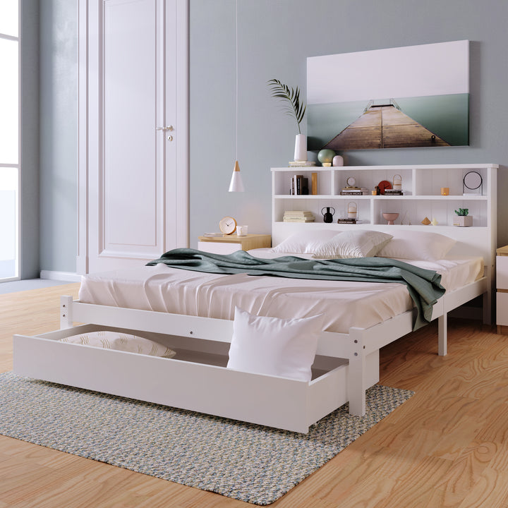 White wooden storage double bed with shelves and underbed drawer 135x190cm FIELDLINE UK