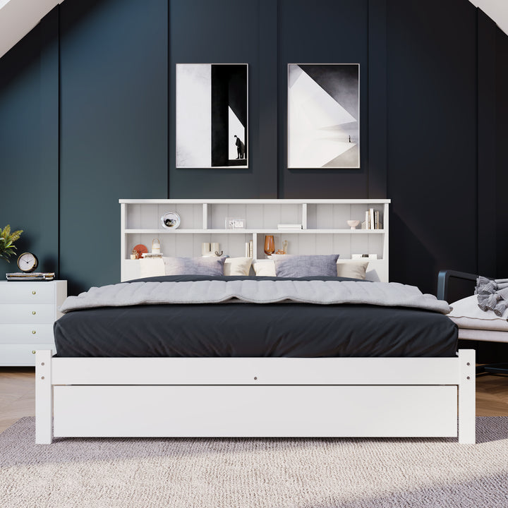 White wooden storage double bed with shelves and underbed drawer 135x190cm FIELDLINE UK