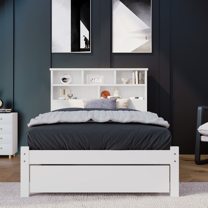 White wooden storage single bed with shelves and underbed drawer 90x190cm HEARTWOOD UK