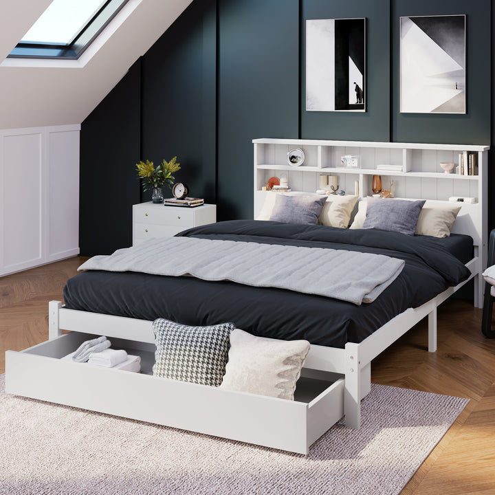 White wooden storage double bed with shelves and underbed drawer 135x190cm FIELDLINE UK