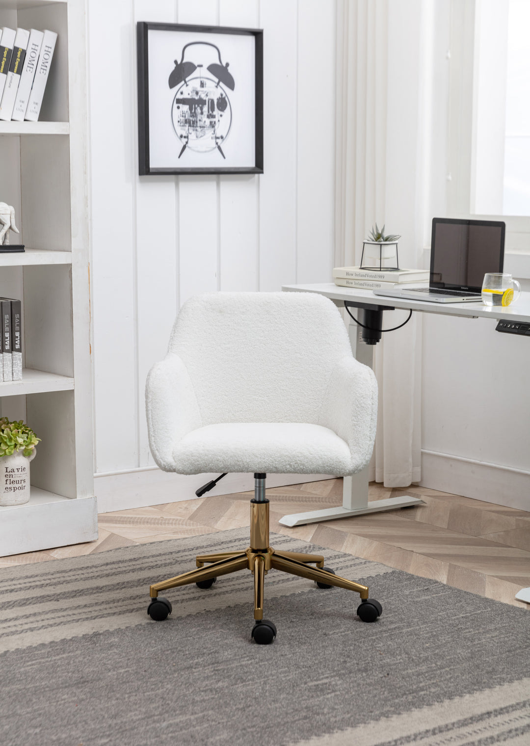 Teddy fabric white swivel office chair golden accents PUMICEGULCH