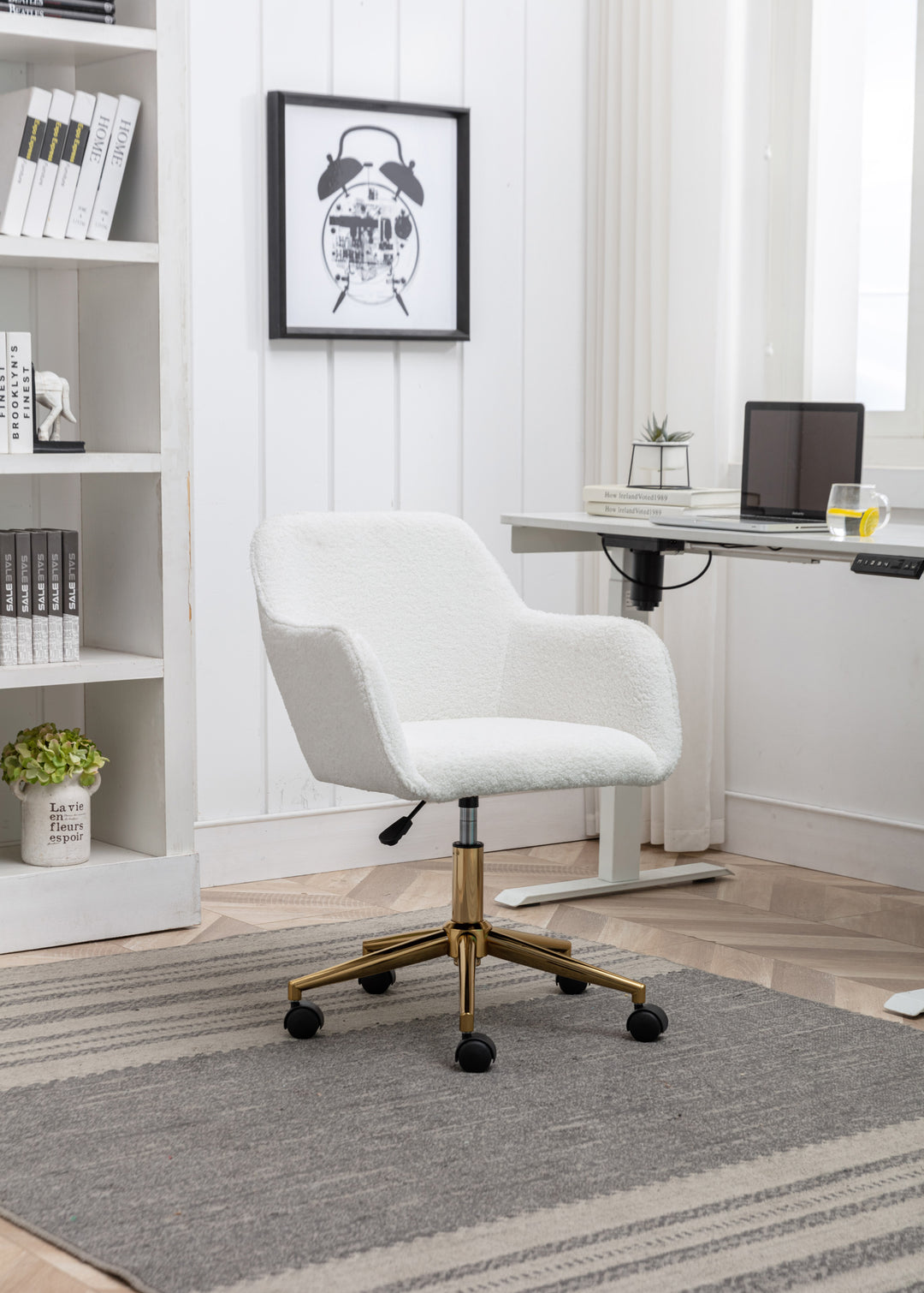 Teddy fabric white swivel office chair golden accents PUMICEGULCH