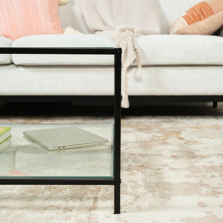 Square glass coffee table 2-tiers steel frame HUDD