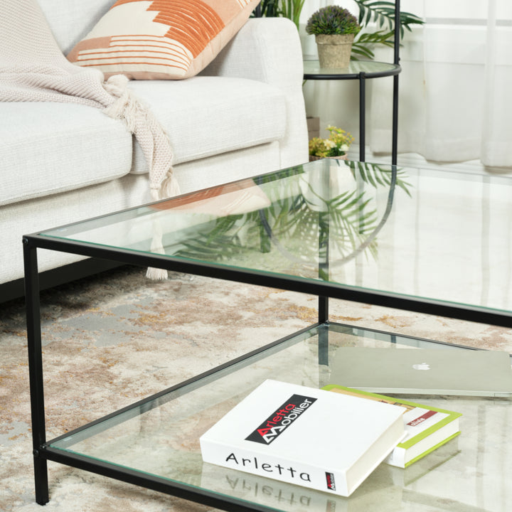 Square glass coffee table 2-tiers steel frame HUDD