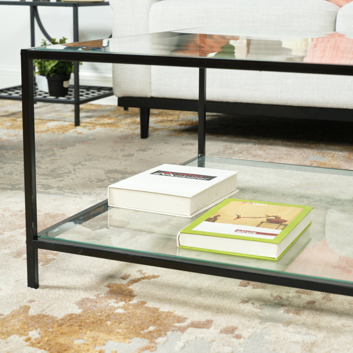 Square glass coffee table 2-tiers steel frame HUDD