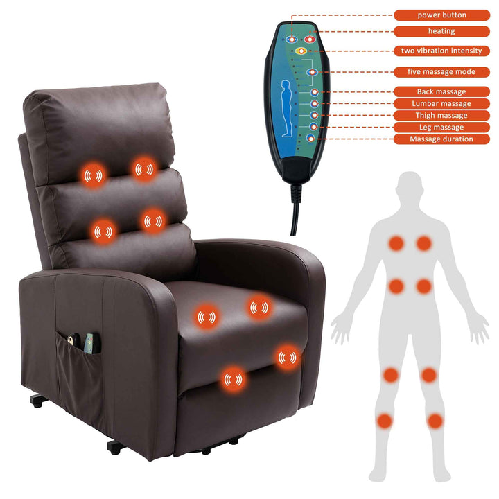 00+Power Massage Lift Recliner Chair for Elderly, Brown PU Leather, Heat & Vibration, for Living Room NOVAXYTE