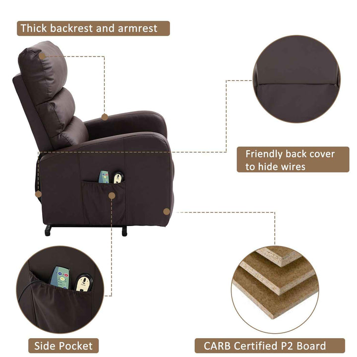 00+Power Massage Lift Recliner Chair for Elderly, Brown PU Leather, Heat & Vibration, for Living Room NOVAXYTE