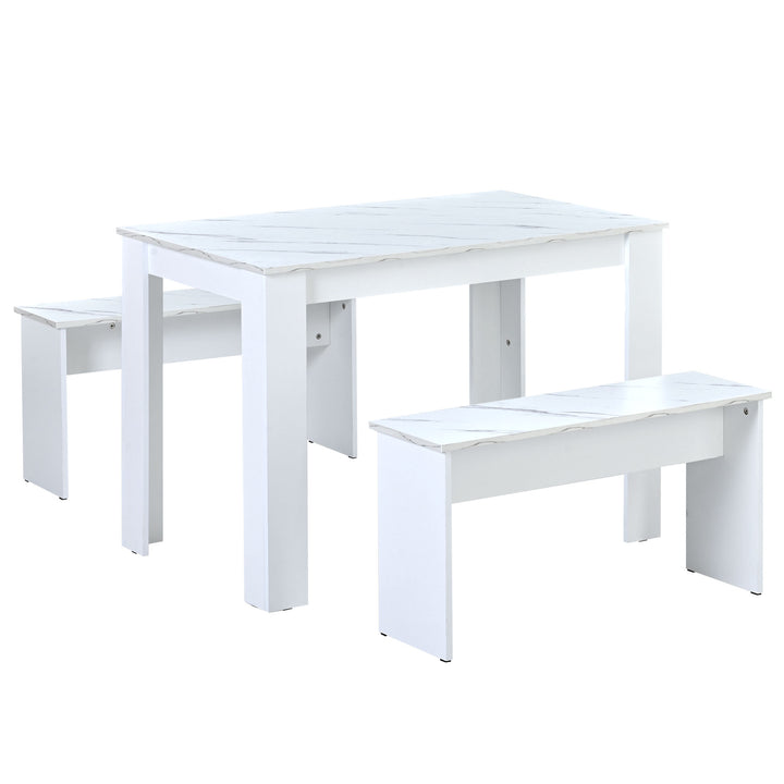 Wooden white dining set, table with faux marble top and 2 benches STALAGMITE