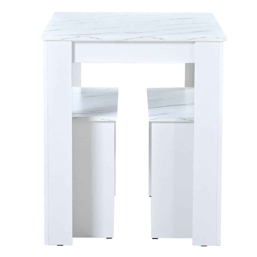 Wooden white dining set, table with faux marble top and 2 benches STALAGMITE