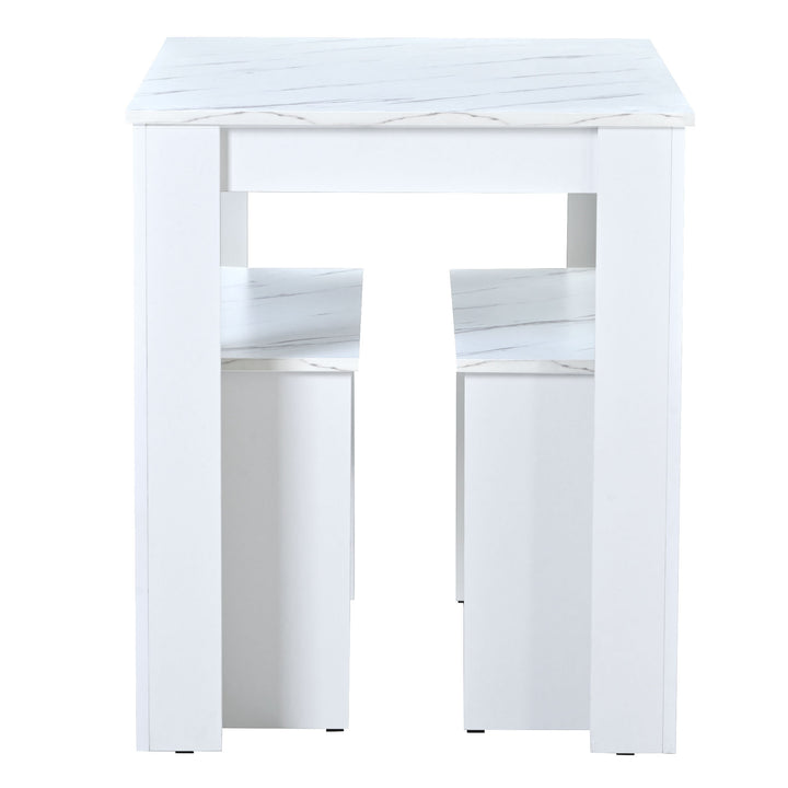 Wooden white dining set, table with faux marble top and 2 benches STALAGMITE