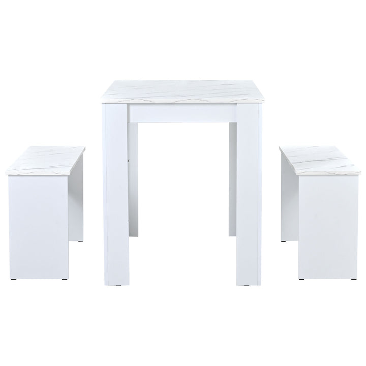 Wooden white dining set, table with faux marble top and 2 benches STALAGMITE