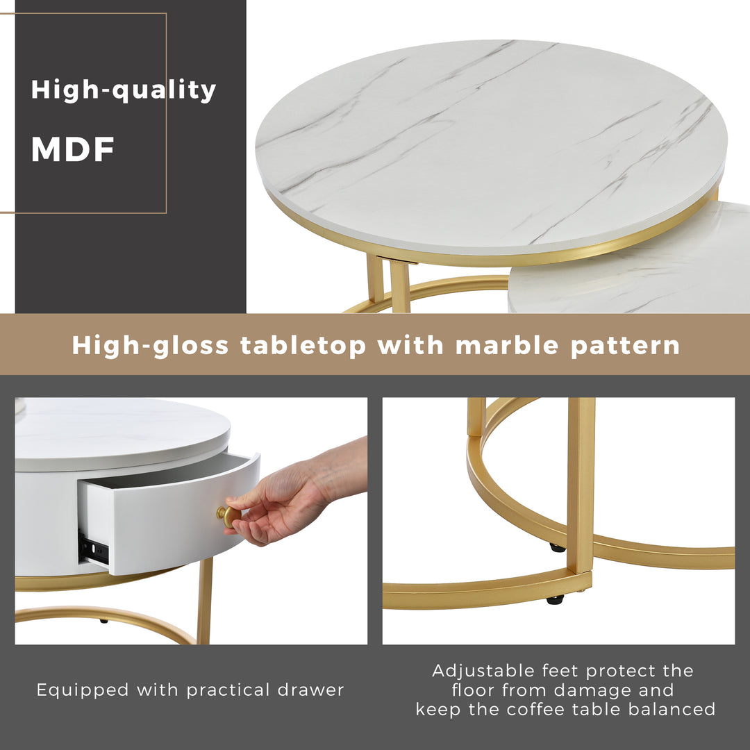 Set of 2 round coffee tables with drawer, nesting tables with storage gold metal frame legs and marble Pattern GRENQEIL BEIGE UK