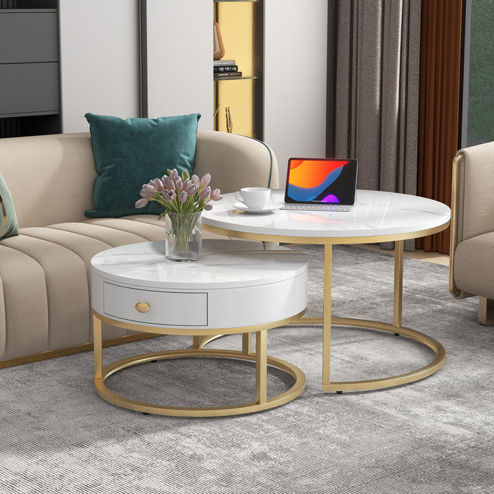 Set of 2 round coffee tables with drawer, nesting tables with storage gold metal frame legs and marble Pattern GRENQEIL BEIGE UK