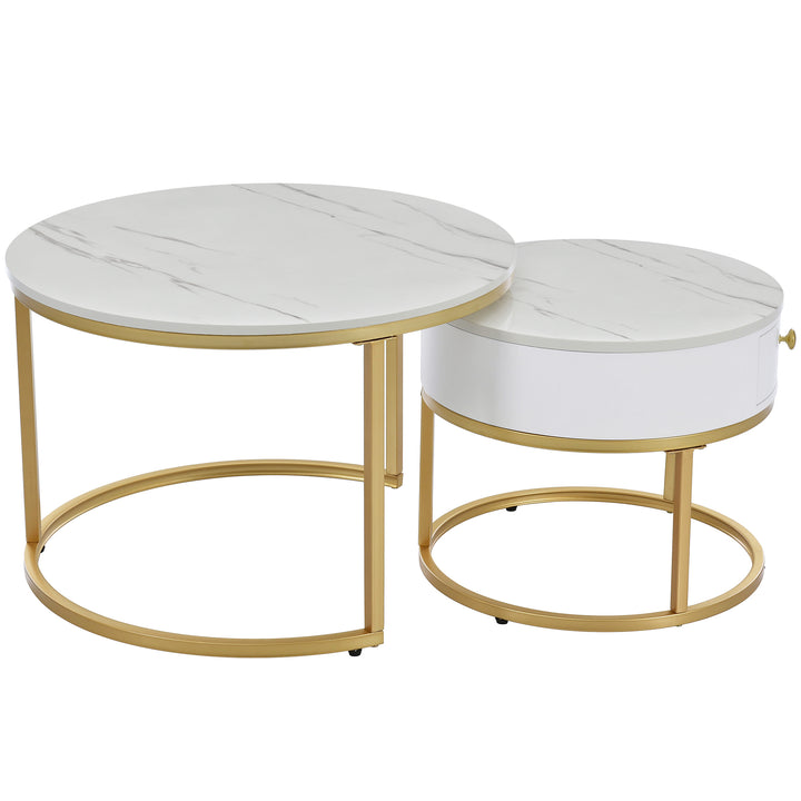 Set of 2 round coffee tables with drawer, nesting tables with storage gold metal frame legs and marble Pattern GRENQEIL BEIGE UK