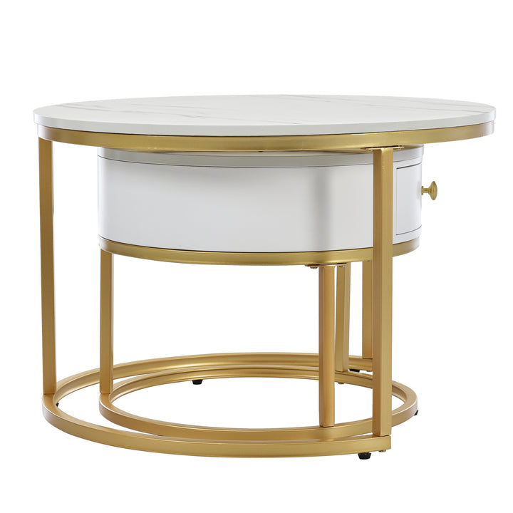 Set of 2 round coffee tables with drawer, nesting tables with storage gold metal frame legs and marble Pattern GRENQEIL BEIGE UK