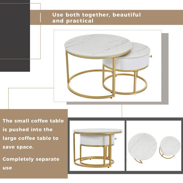 Set of 2 round coffee tables with drawer, nesting tables with storage gold metal frame legs and marble Pattern GRENQEIL BEIGE UK