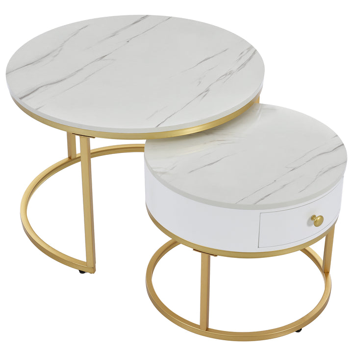 Set of 2 round coffee tables with drawer, nesting tables with storage gold metal frame legs and marble Pattern GRENQEIL BEIGE UK