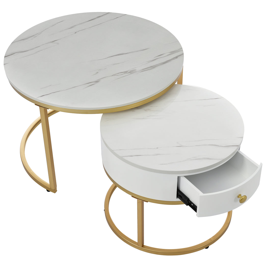 Set of 2 round coffee tables with drawer, nesting tables with storage gold metal frame legs and marble Pattern GRENQEIL BEIGE UK