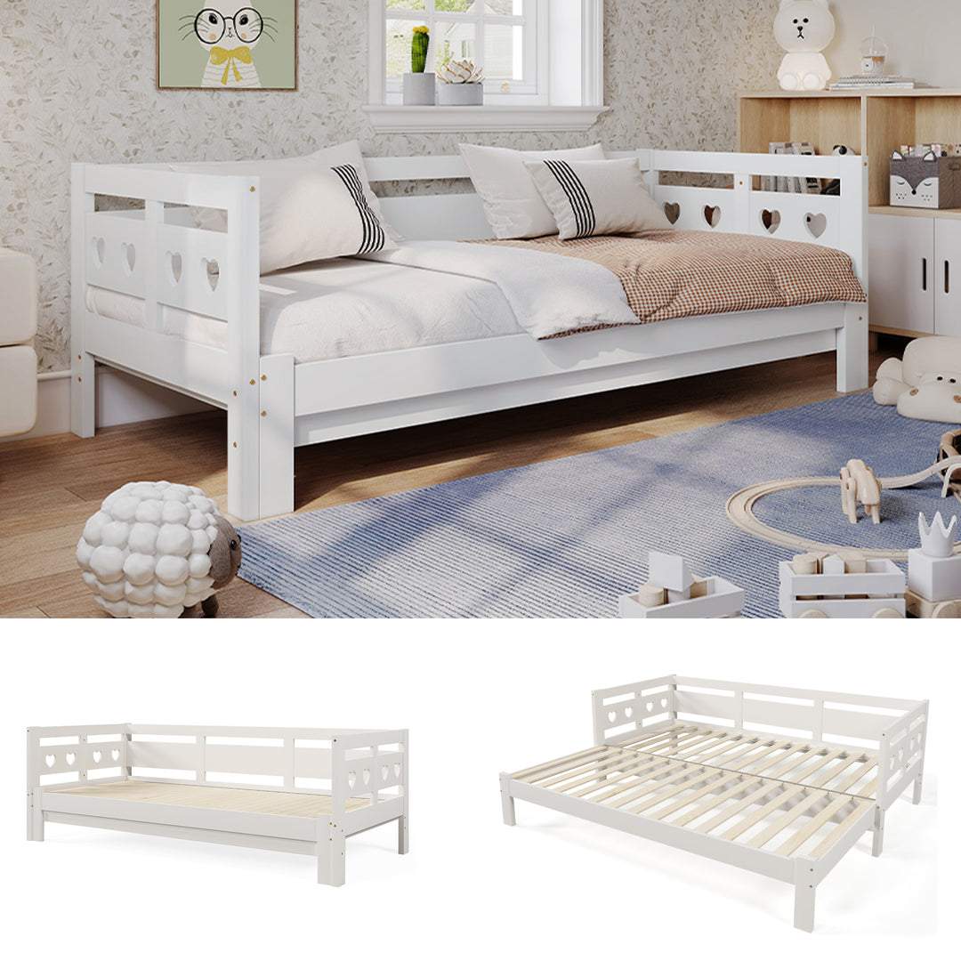 White wooden single extensible daybed with pull-out trundle 90x190cm PLUMULE UK
