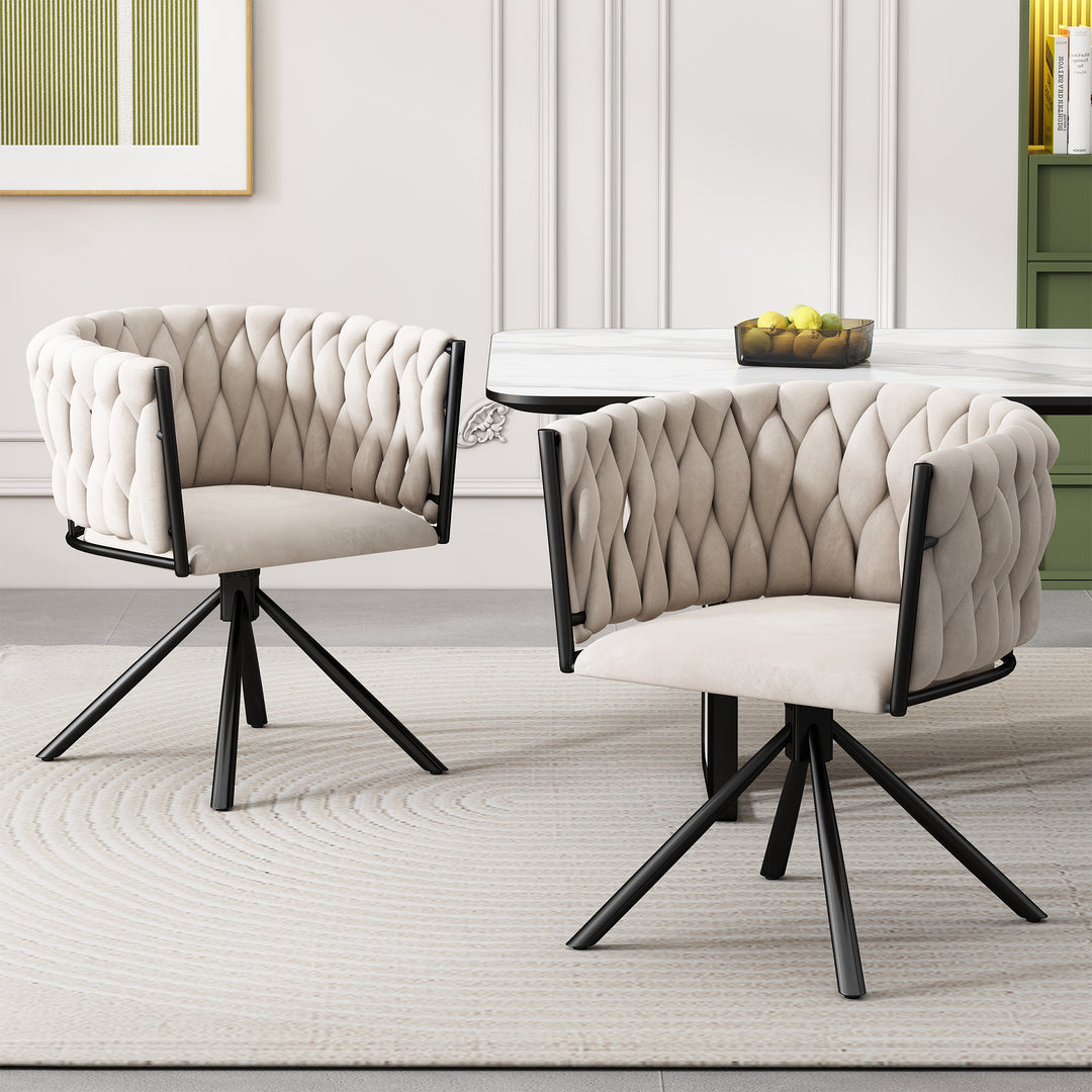 Elegant velvet beige swivel dining chair with black metal base FILAMENT