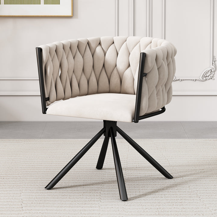 Elegant velvet beige swivel dining chair with black metal base FILAMENT