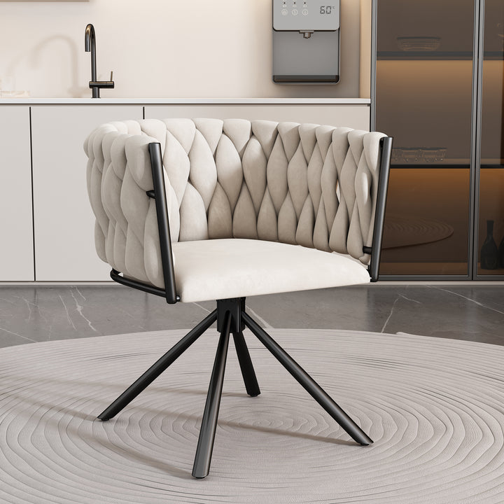 Elegant velvet beige swivel dining chair with black metal base FILAMENT