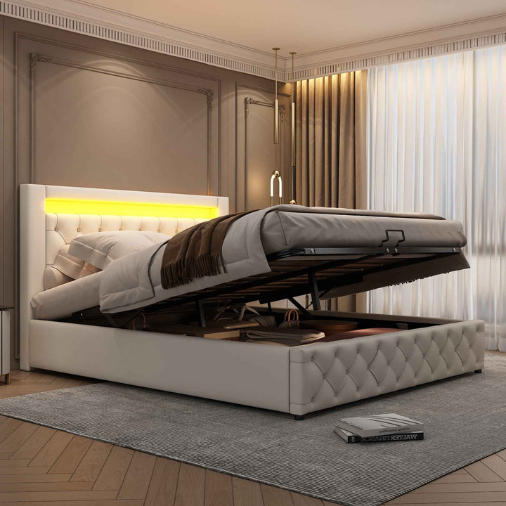 Upholstered Bed 150x200cm with Storage, LED Headboard, White PU, Slatted Frame, Modern Functional Design