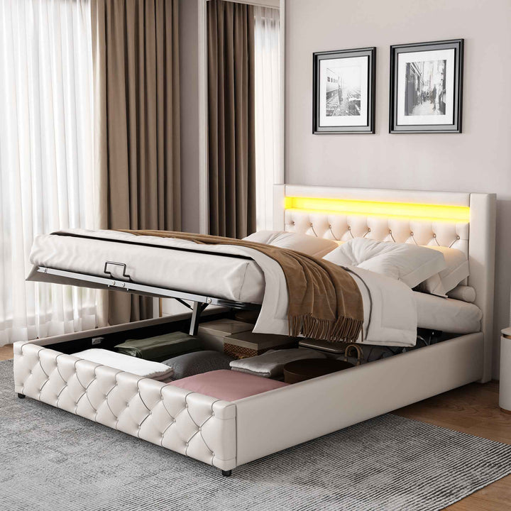 Upholstered Bed 150x200cm with Storage, LED Headboard, White PU, Slatted Frame, Modern Functional Design