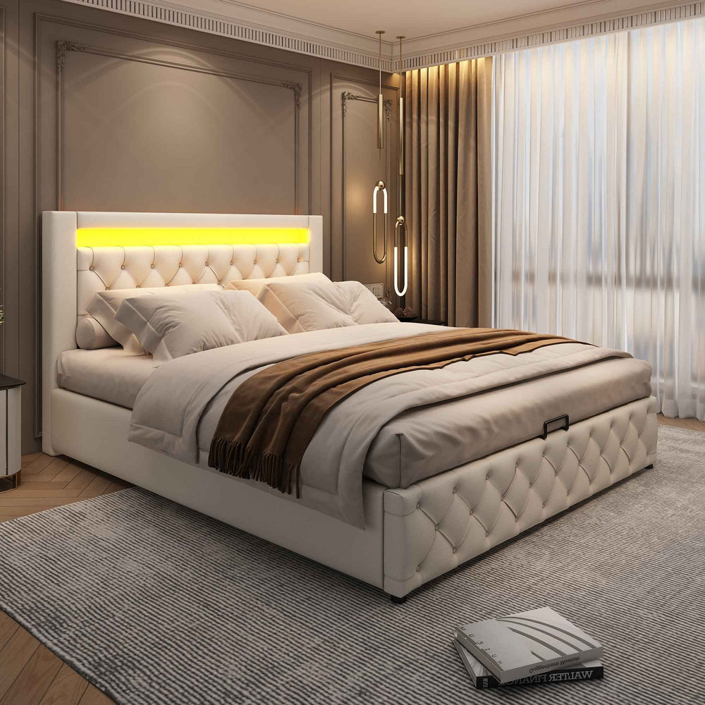 Upholstered Bed 150x200cm with Storage, LED Headboard, White PU, Slatted Frame, Modern Functional Design