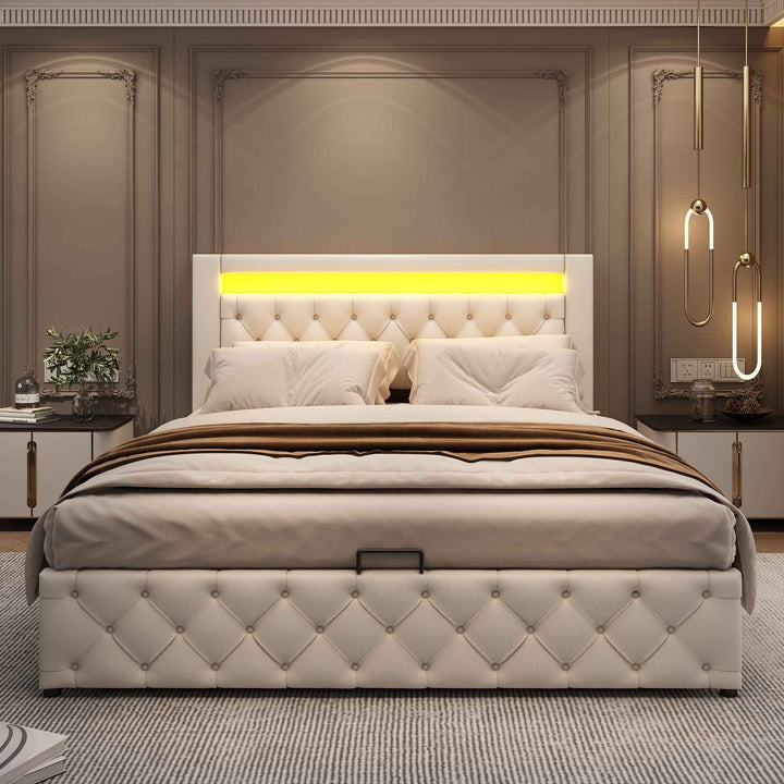 Upholstered Bed 150x200cm with Storage, LED Headboard, White PU, Slatted Frame, Modern Functional Design