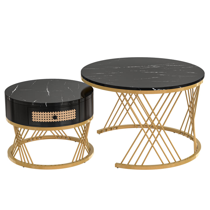 Set of 2 opulent gold nesting coffee tables black marble look & rattan 1 drawer PHAARQUKS BLACK UK