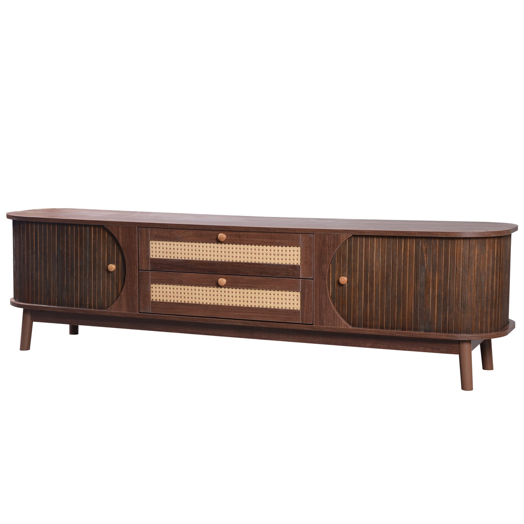 Vintage walnut rattan TV stand 2 drawers 2 slide doors KUQON UK