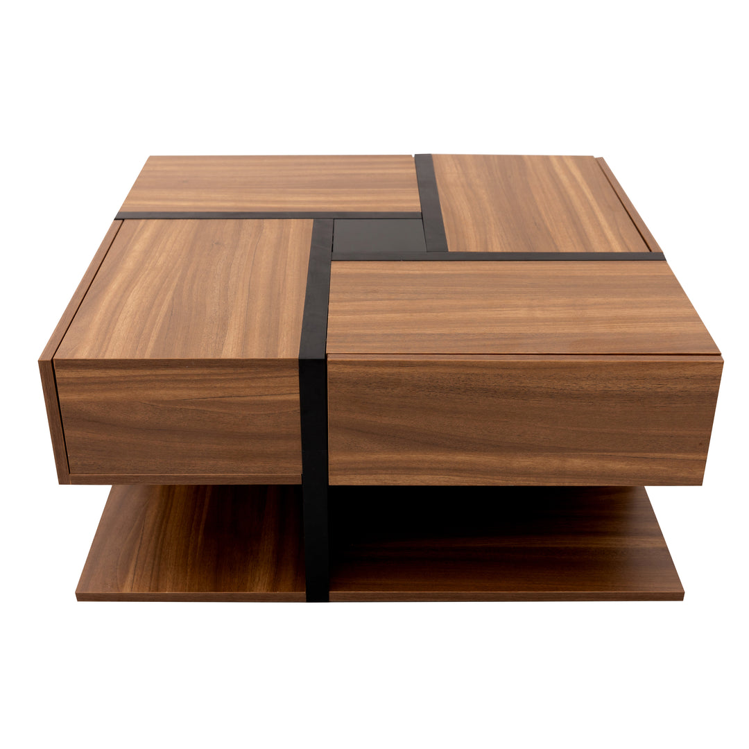 Wood industrial coffee table with 4 drawers and line design AILZAIL BROWN UK