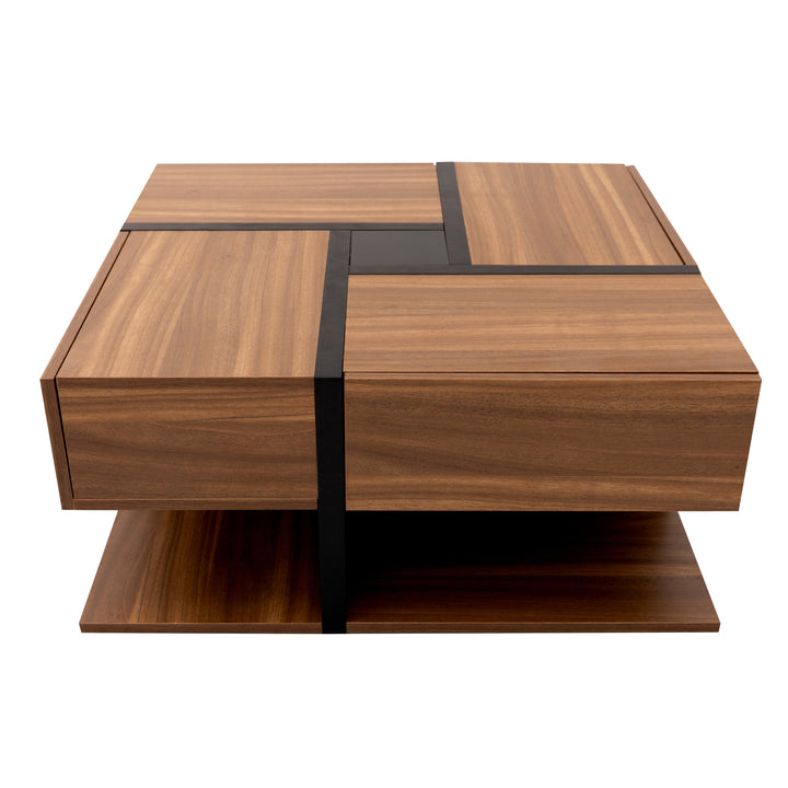 Wood industrial coffee table with 4 drawers and line design AILZAIL BROWN UK