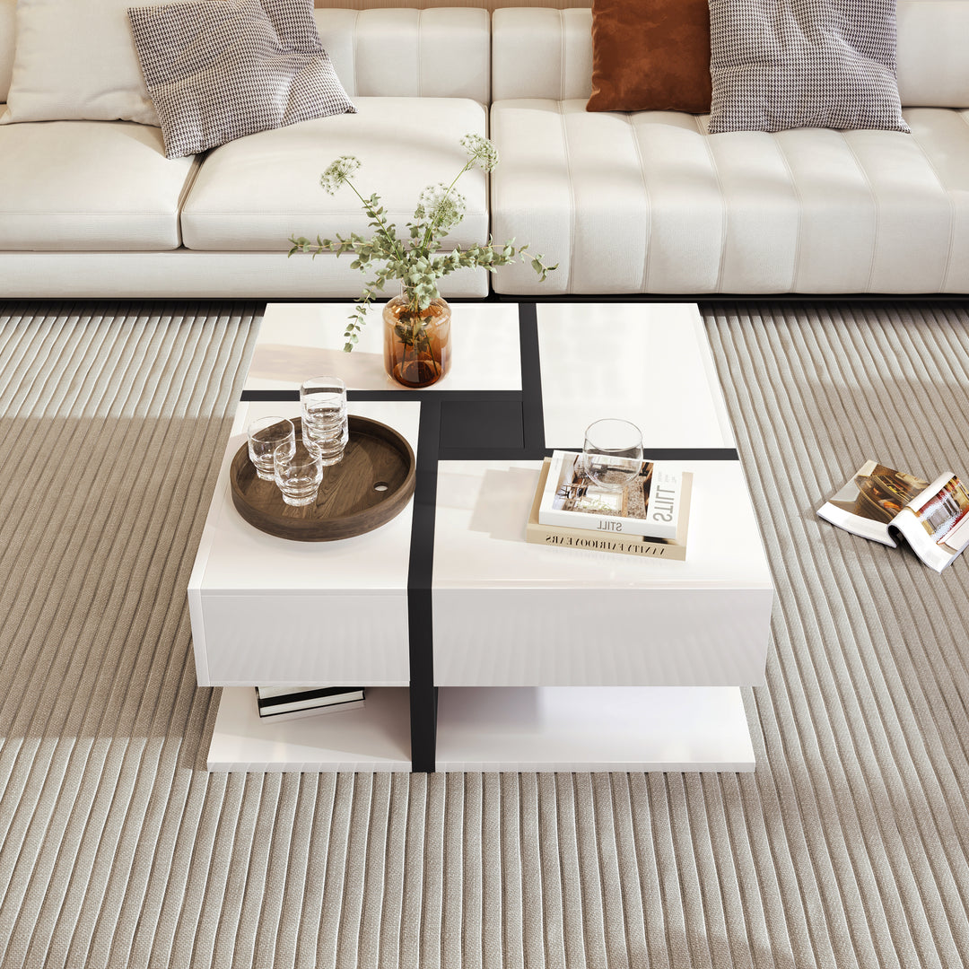White square coffee table with 4 drawers line design AILZAIL WHITE UK