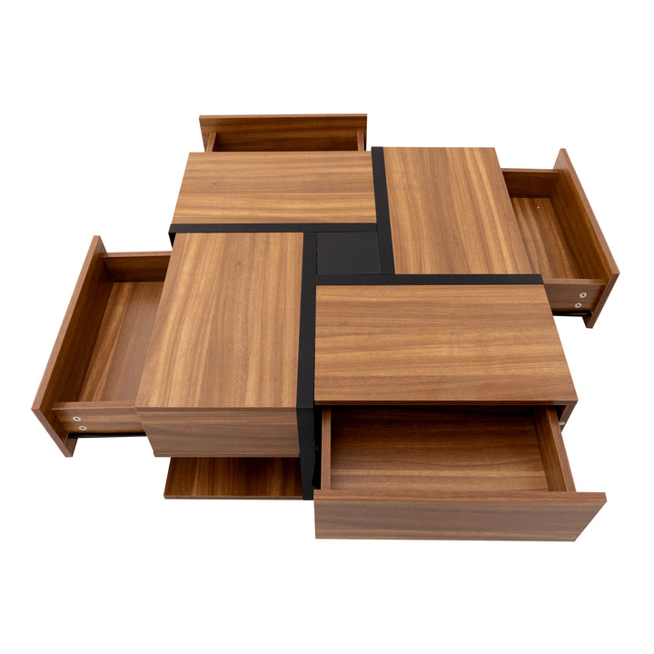 Wood industrial coffee table with 4 drawers and line design AILZAIL BROWN UK