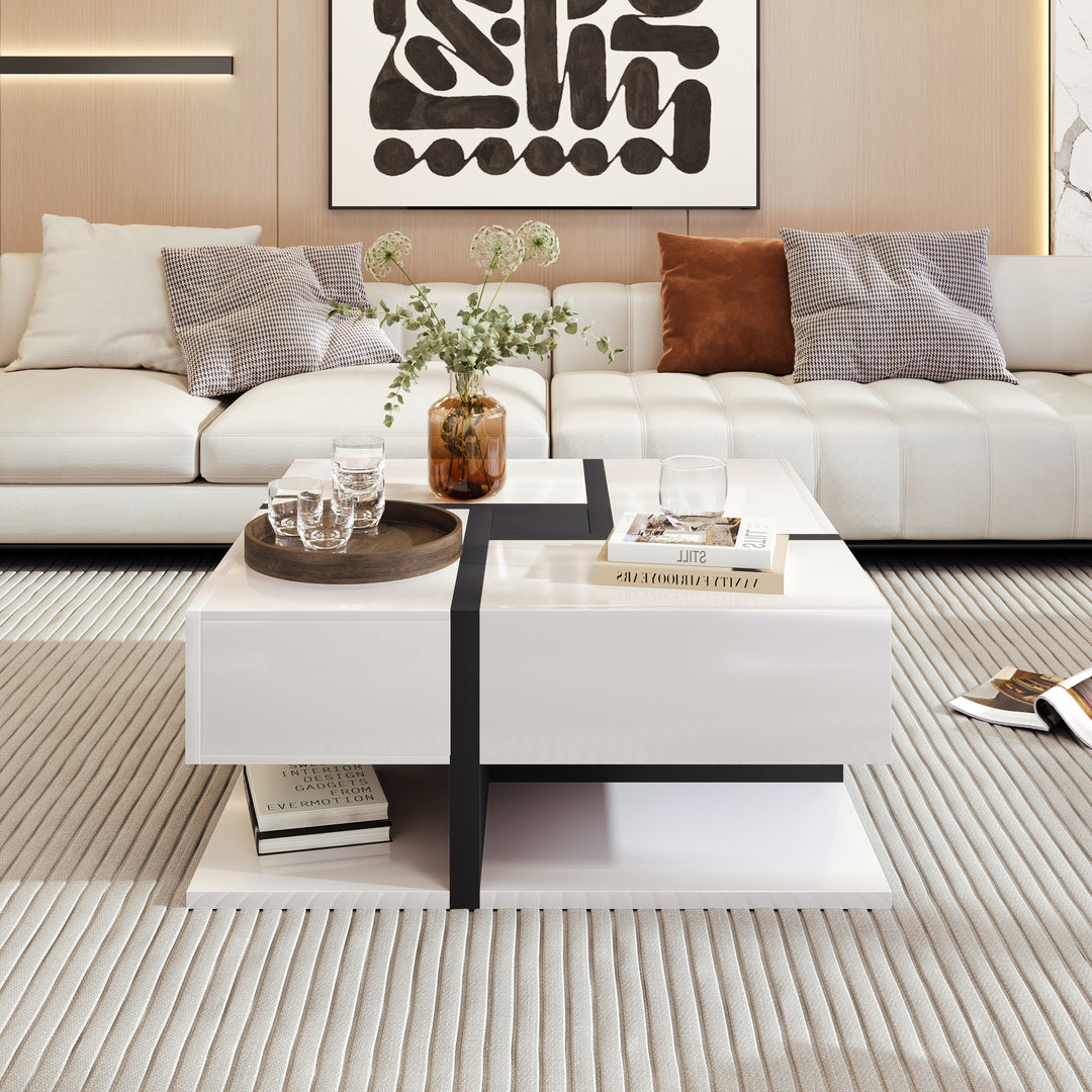 White square coffee table with 4 drawers line design AILZAIL WHITE UK