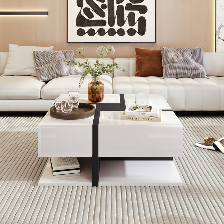 White square coffee table with 4 drawers line design AILZAIL WHITE UK
