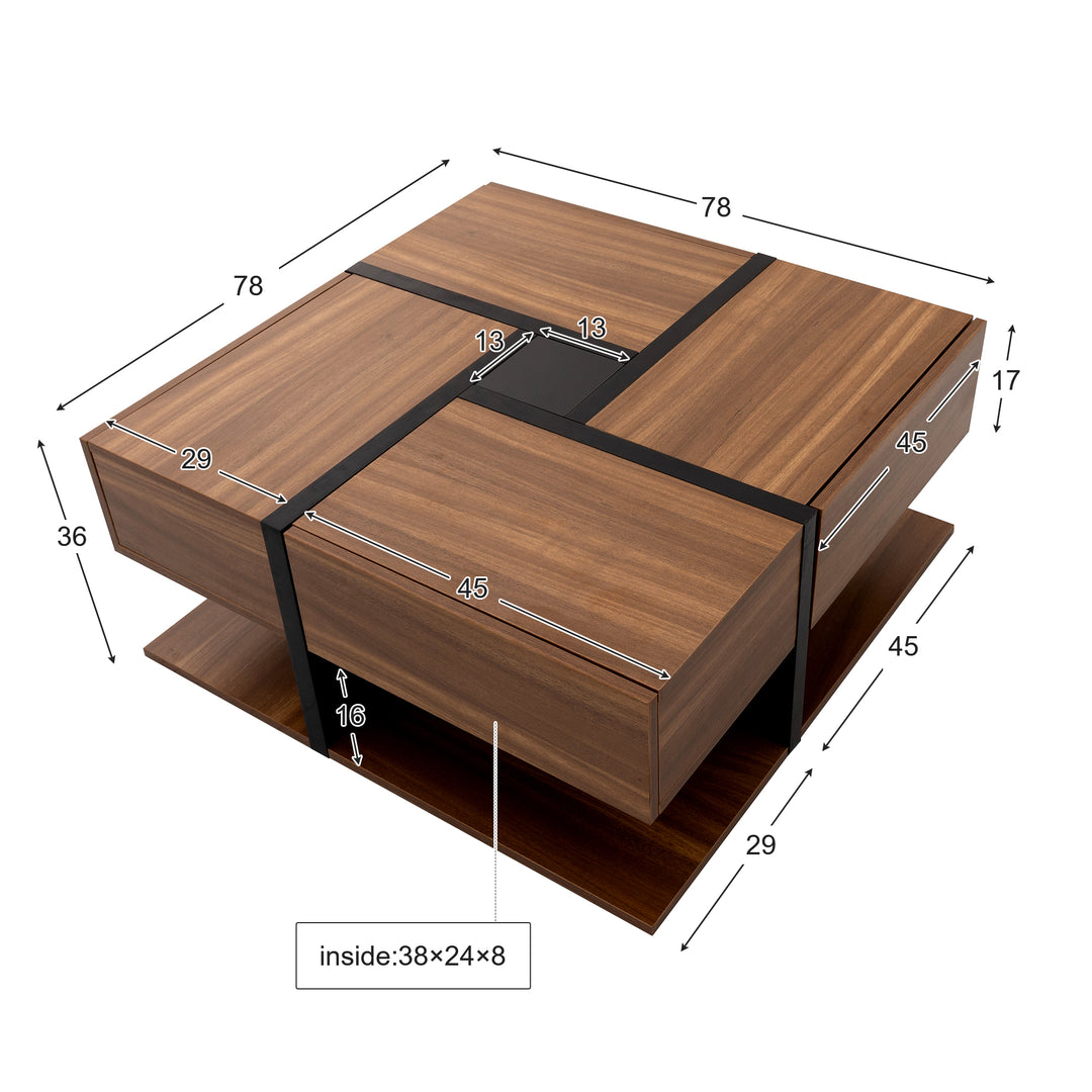 Wood industrial coffee table with 4 drawers and line design AILZAIL BROWN UK