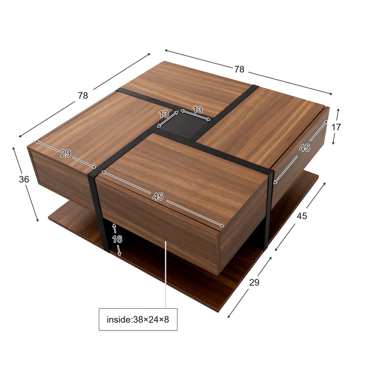 Wood industrial coffee table with 4 drawers and line design AILZAIL BROWN UK
